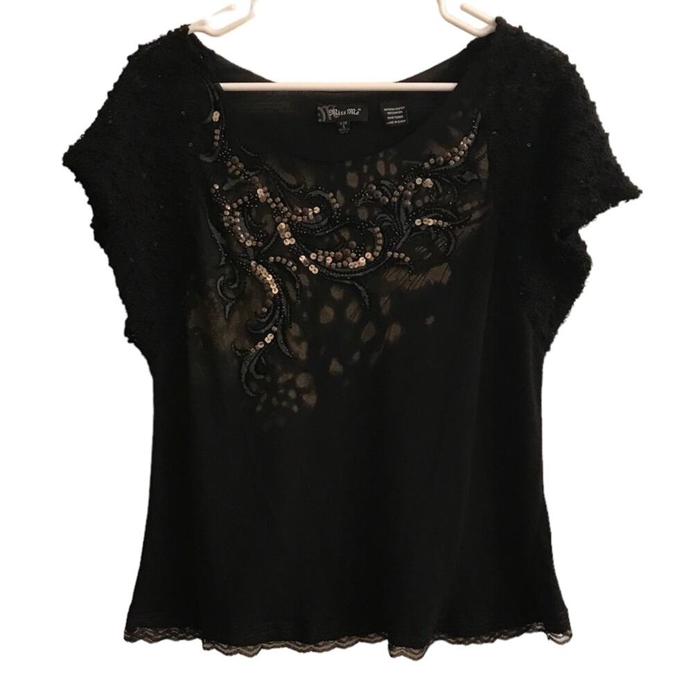 Miss Me Sequin, Lace Short Sleeve Top Size Small